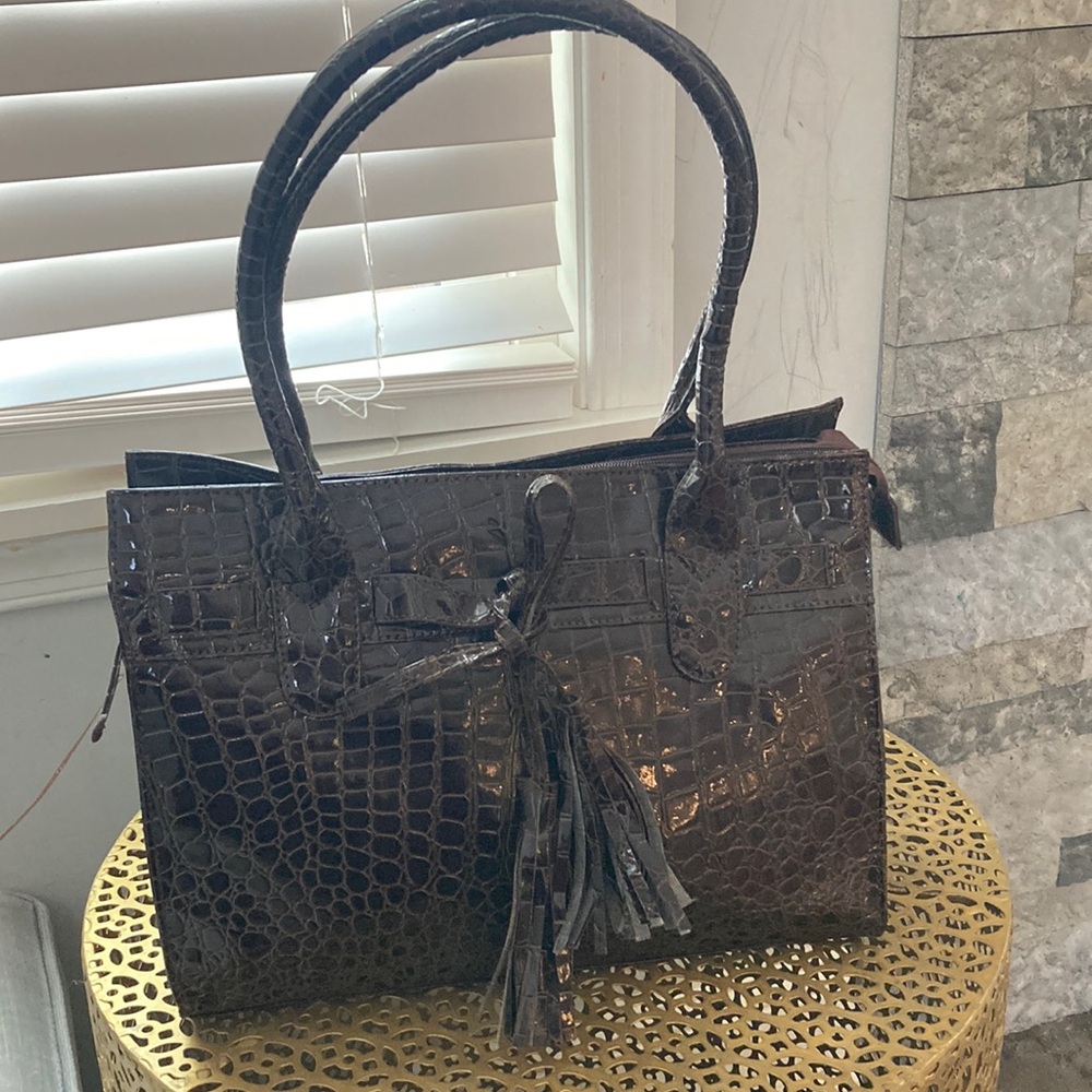 Brown Crocodile Patent Leather Handbag with Tassels